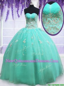Fancy Apple Green Ball Gowns Organza Sweetheart Sleeveless Beading and Appliques Floor Length Zipper 15th Birthday Dress