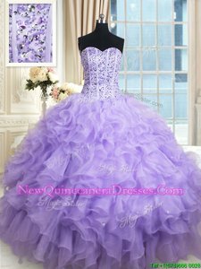 Custom Design Floor Length Lace Up Sweet 16 Dress Lavender and In for Military Ball and Sweet 16 and Quinceanera withBeading and Ruffles