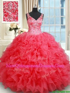 Dynamic Coral Red Backless Ball Gown Prom Dress Beading and Ruffles Sleeveless Floor Length
