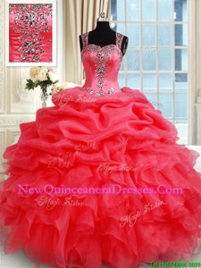 Fashion Coral Red Straps Zipper Beading and Ruffles and Pick Ups Quince Ball Gowns Sleeveless