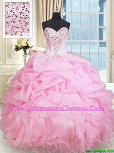 Low Price Rose Pink Ball Gowns Sweetheart Sleeveless Organza Floor Length Lace Up Beading and Ruffles and Pick Ups Quinceanera Dress