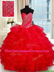 Eye-catching Red Ball Gowns Beading and Ruffled Layers Sweet 16 Dresses Lace Up Tulle Sleeveless Floor Length