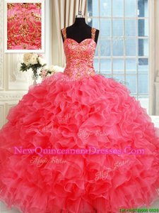 Fantastic Straps Straps Coral Red Sleeveless Beading and Ruffles Floor Length Quinceanera Dress