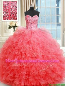 On Sale Sleeveless Organza Floor Length Lace Up Sweet 16 Quinceanera Dress inCoral Red withBeading and Ruffles