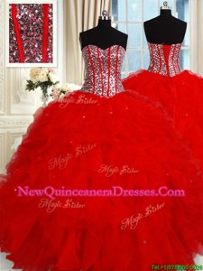 Best Selling Red Lace Up Quinceanera Gowns Ruffles and Sequins Sleeveless Floor Length