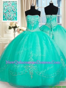 Decent Strapless Sleeveless Lace Up Sweet 16 Dresses Turquoise Organza