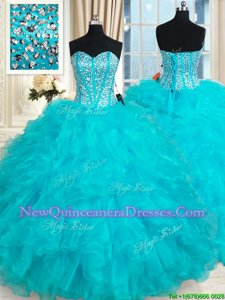 Sophisticated Aqua Blue Ball Gowns Beading and Ruffles 15 Quinceanera Dress Lace Up Organza Sleeveless Floor Length