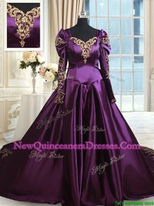 Elegant Dark Purple A-line Off The Shoulder Long Sleeves Taffeta With Train Chapel Train Zipper Beading and Embroidery Ball Gown Prom Dress