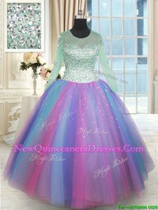 Trendy Scoop Long Sleeves Lace Up Sweet 16 Dresses Multi-color Tulle