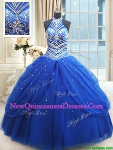 Royal Blue Halter Top Lace Up Beading and Pick Ups Quinceanera Dress Sleeveless