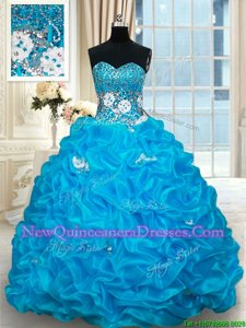 Luxury Sleeveless Organza With Brush Train Lace Up Ball Gown Prom Dress inBaby Blue withBeading and Pick Ups