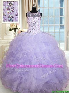 Low Price Lavender Tulle Lace Up Scoop Sleeveless Floor Length Sweet 16 Dress Beading and Ruffles