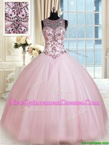 Scoop Floor Length Lace Up Quinceanera Gown Baby Pink and In for Military Ball and Sweet 16 and Quinceanera withBeading