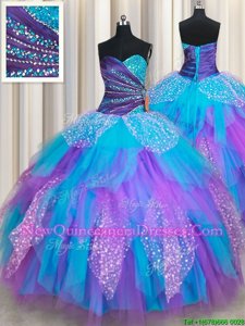 Traditional Multi-color Ball Gowns Sweetheart Sleeveless Tulle Floor Length Lace Up Beading and Ruffles Quinceanera Gown