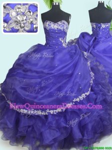 Elegant Purple Ball Gowns Beading and Appliques 15 Quinceanera Dress Lace Up Organza Sleeveless Floor Length