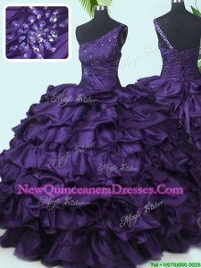 Decent One Shoulder Purple Sleeveless Beading and Pick Ups Floor Length Sweet 16 Dresses