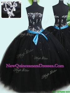 Adorable Sleeveless Tulle Floor Length Lace Up Sweet 16 Dress inBlack withBeading and Belt