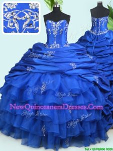 Deluxe Pick Ups Ruffled Sweetheart Sleeveless Court Train Lace Up Sweet 16 Dresses Royal Blue Organza and Taffeta