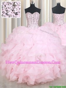 Sleeveless Floor Length Beading and Ruffles Lace Up Sweet 16 Dresses with Baby Pink