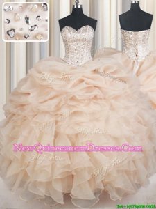 Fashion Champagne Organza Lace Up Quinceanera Gown Sleeveless Floor Length Beading and Ruffles and Pick Ups