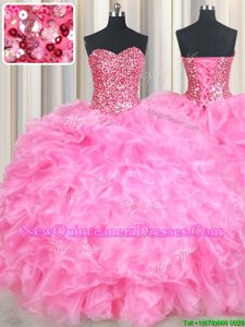 Sequins Sweetheart Sleeveless Lace Up Sweet 16 Dresses Rose Pink Organza