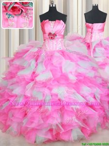 Eye-catching Pink And White Strapless Lace Up Beading and Ruffles and Hand Made Flower Quinceanera Gowns Sleeveless