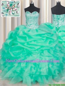High Class Sleeveless Organza Floor Length Lace Up Sweet 16 Dresses inApple Green withBeading and Ruffles and Pick Ups