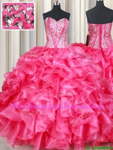 Traditional Hot Pink Organza Lace Up Sweetheart Sleeveless Floor Length Sweet 16 Dress Beading and Ruffles
