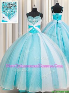 Clearance Floor Length White and Blue 15 Quinceanera Dress Organza Sleeveless Spring and Summer and Fall and Winter Beading