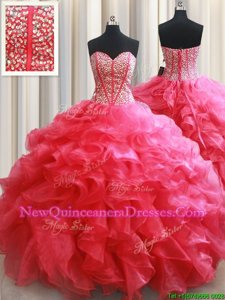 Shining Ball Gowns Sweet 16 Quinceanera Dress Coral Red Sweetheart Organza Sleeveless Floor Length Lace Up