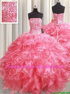 Attractive Strapless Sleeveless Lace Up Sweet 16 Dresses Pink Organza