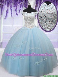 Enchanting Light Blue Tulle Lace Up Off The Shoulder Sleeveless Floor Length Sweet 16 Dresses Beading