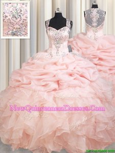 Sweet Peach Ball Gowns Organza Straps Sleeveless Beading and Ruffles and Pick Ups Zipper 15th Birthday Dress Brush Train