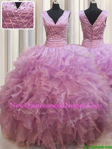 Hot Selling Floor Length Lilac Sweet 16 Quinceanera Dress Organza Sleeveless Spring and Summer and Fall and Winter Beading