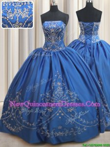 Ball Gowns Quinceanera Gowns Royal Blue Strapless Satin Sleeveless Floor Length Lace Up