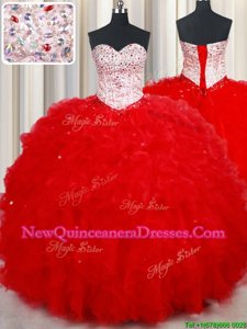 Excellent Tulle Sweetheart Sleeveless Lace Up Beading and Ruffles Sweet 16 Dress inRed