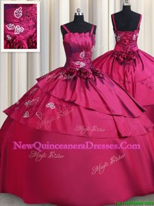 Fine Straps Straps Burgundy Sleeveless Floor Length Embroidery and Hand Made Flower Lace Up Quinceanera Dress