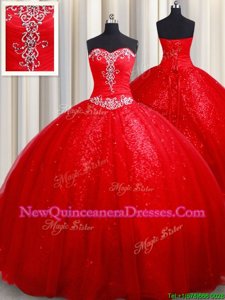 Latest Red Lace Up Quince Ball Gowns Beading Sleeveless