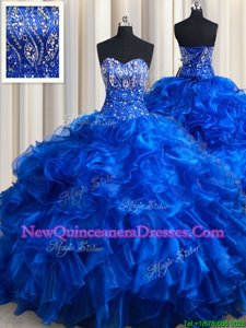 Flare Sleeveless Beading and Ruffles Lace Up Ball Gown Prom Dress with Royal Blue Brush Train