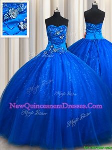 Royal Blue Sleeveless Beading and Appliques Floor Length 15th Birthday Dress