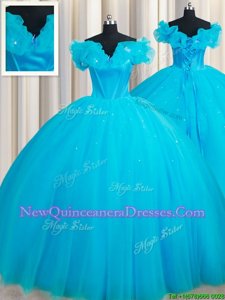 Modest Off the Shoulder Ball Gowns Sleeveless Baby Blue Quinceanera Gown Court Train Lace Up