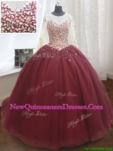 Modest Scoop Spring and Summer and Fall and Winter Tulle Long Sleeves Vestidos de Quinceanera Court Train andBeading and Sequins