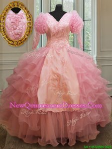 Ideal Baby Pink Organza Zipper V-neck Half Sleeves Floor Length Quinceanera Gown Beading and Embroidery and Ruffled Layers