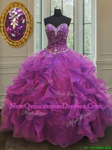 Glamorous Purple Organza Lace Up Sweetheart Sleeveless Floor Length Quinceanera Gowns Beading and Ruffles and Sequins