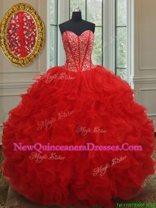 Classical Floor Length Red 15th Birthday Dress Organza Sleeveless Spring and Summer and Fall and Winter Beading and Ruffles