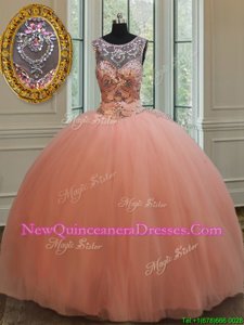 Super Peach Scoop Lace Up Beading and Sequins Quince Ball Gowns Sleeveless