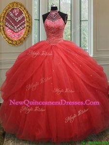 Latest Halter Top Beading and Pick Ups Quinceanera Gowns Red Lace Up Sleeveless Floor Length