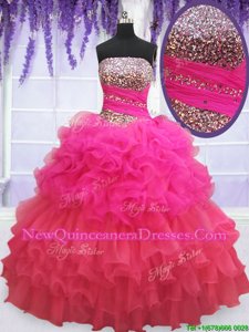 Best Selling Wine Red Sleeveless Beading and Ruffles and Ruffled Layers and Sequins Floor Length Quince Ball Gowns