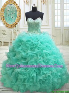 Cheap Organza Sweetheart Sleeveless Brush Train Lace Up Beading and Ruffles Vestidos de Quinceanera inApple Green