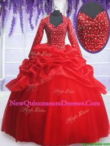 Chic Red Organza and Tulle Zipper Sweetheart Long Sleeves Floor Length Sweet 16 Dress Beading and Sequins and Pick Ups